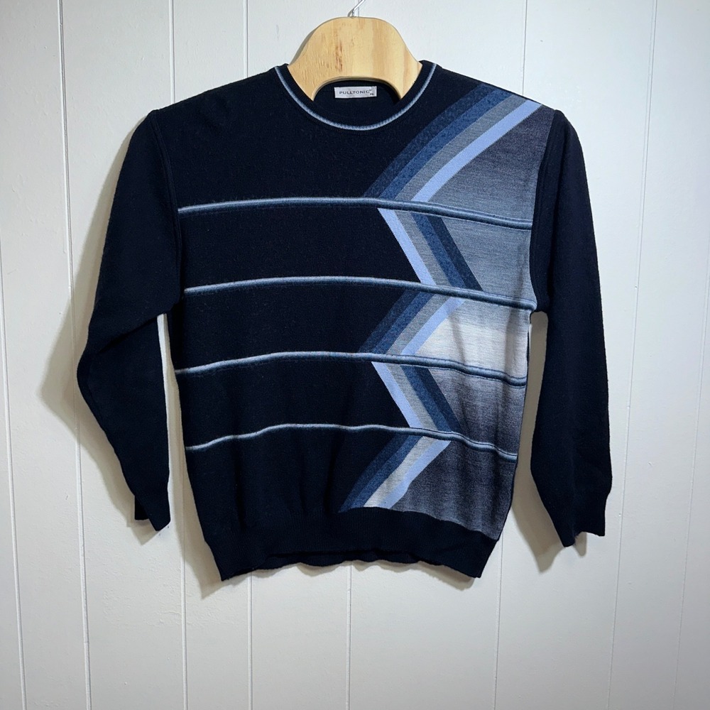 Pulltonic Mens XL Navy Blue Geometric Chevron Cotton Wool Blend Crewneck Sweater